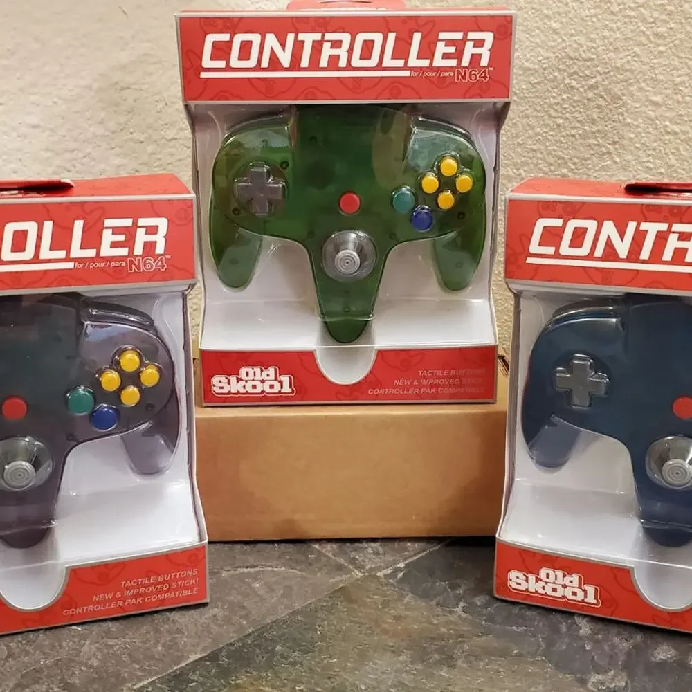 3 N64 Controllers, 3 Colors Bundle (NEW) Ice Blue, Jungle Green, Gold, Old Skool